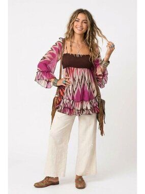 VTG Bebe Silk Y2K Smocked Chiffon Blouse S Pink Brown Ikat Boho Babydoll‎ Retro